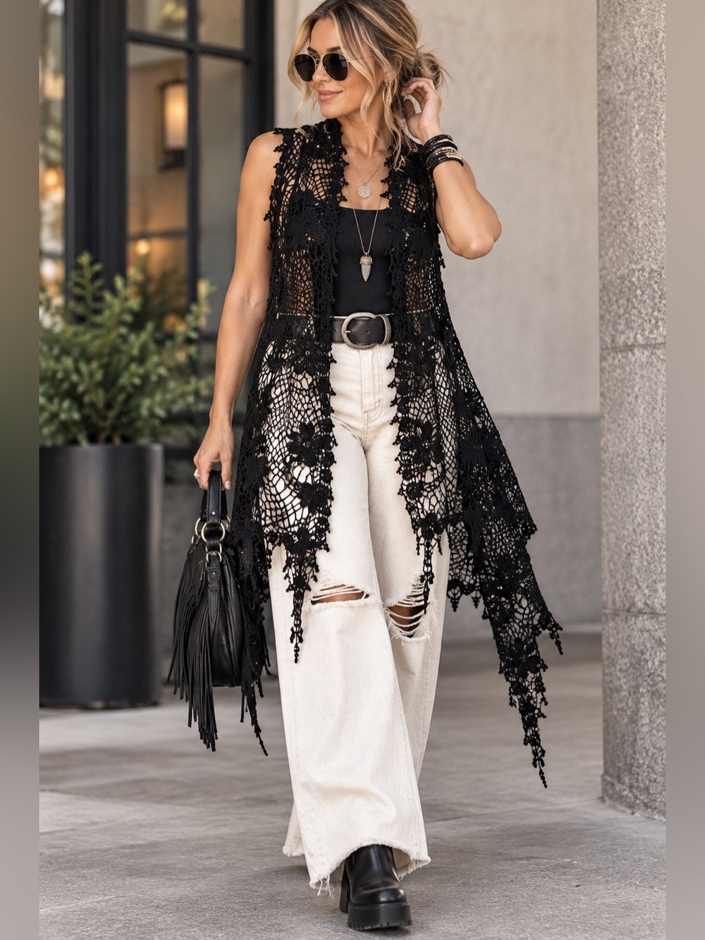 T2 Love Black Crochet Lace Longline Vest Boho Gothic Size L